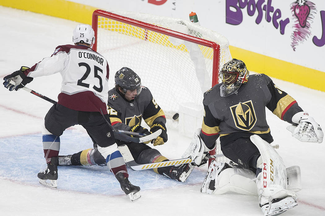 Colorado Avalanche right wing Logan O'Connor (25) scores on Vegas Golden Knights goaltender Mal ...