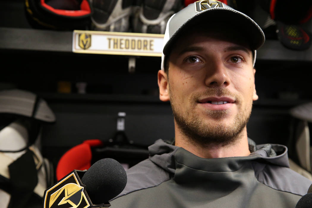 Vegas Golden Knights defenseman Shea Theodore (27) speaks to reporters at City National Arena i ...