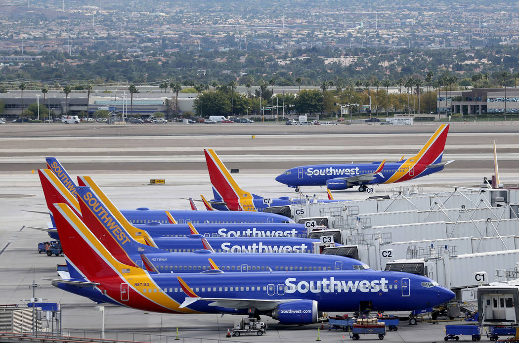 A Southwest Airlines plane taxis at McCarran International Airport in Las Vegas Thursday, Oct. ...