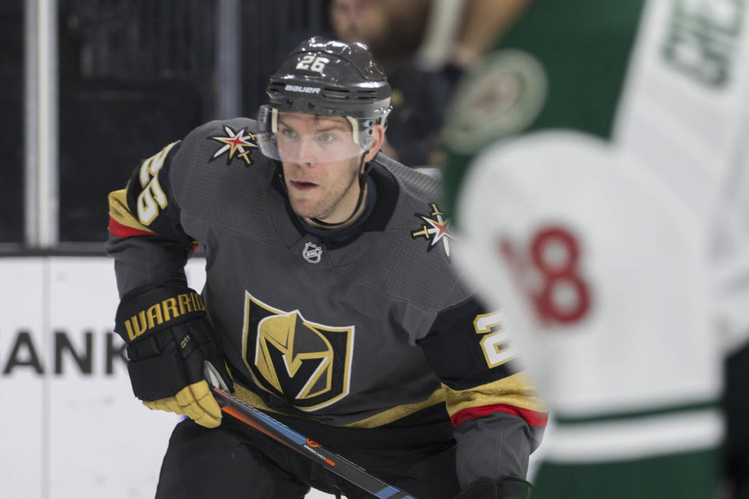 Golden Knights center Paul Stastny (26) on Friday, March 29, 2019, at T-Mobile Arena, in Las Ve ...