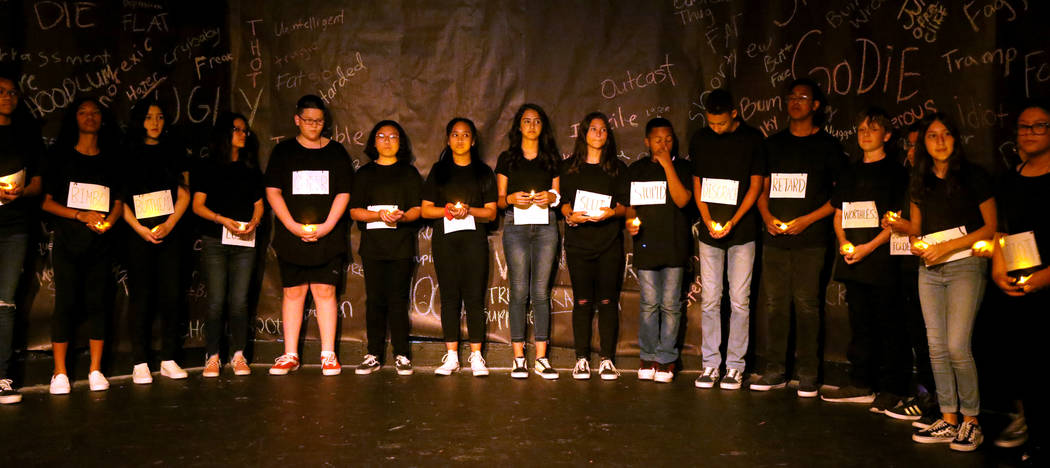 Eighth grade students during a rehearsal for anti-bullying play “The Weight of Your Word ...