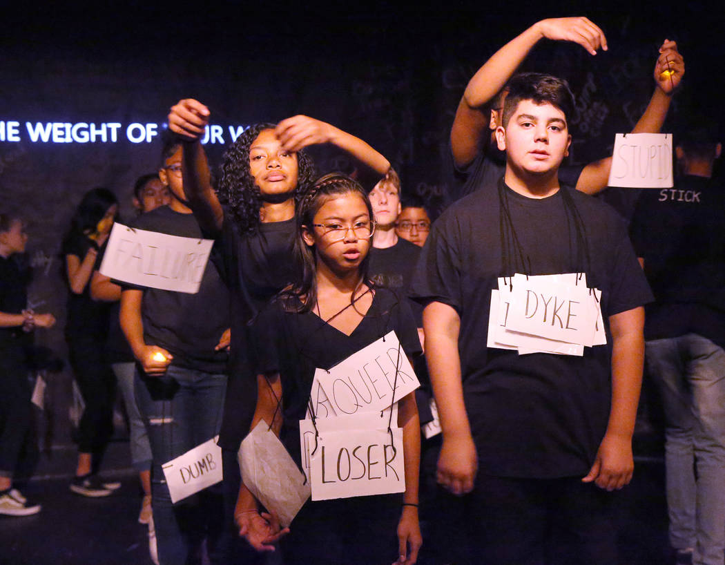 Eighth grade students Cherish Chang and Khalid Mustafa during a rehearsal for an anti-bullying ...