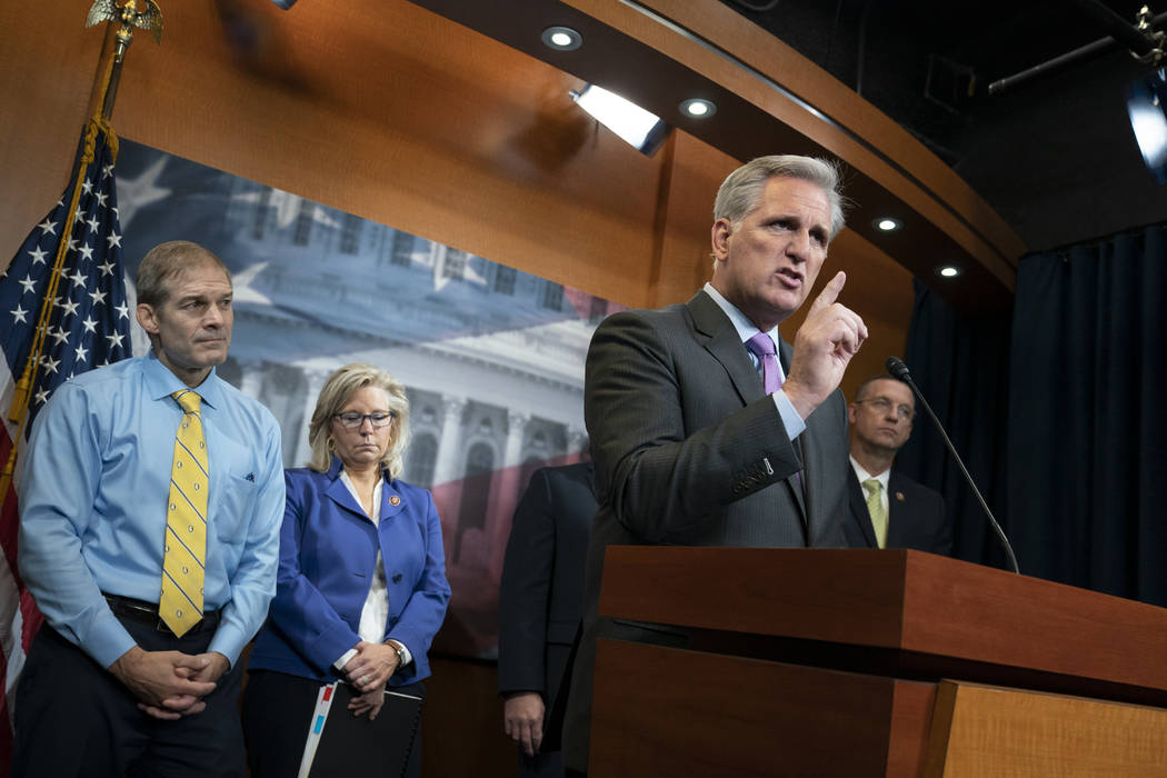 House Republican Leader Kevin McCarthy, D-Calif., joined from left by, Rep. Jim Jordan, R-Ohio, ...