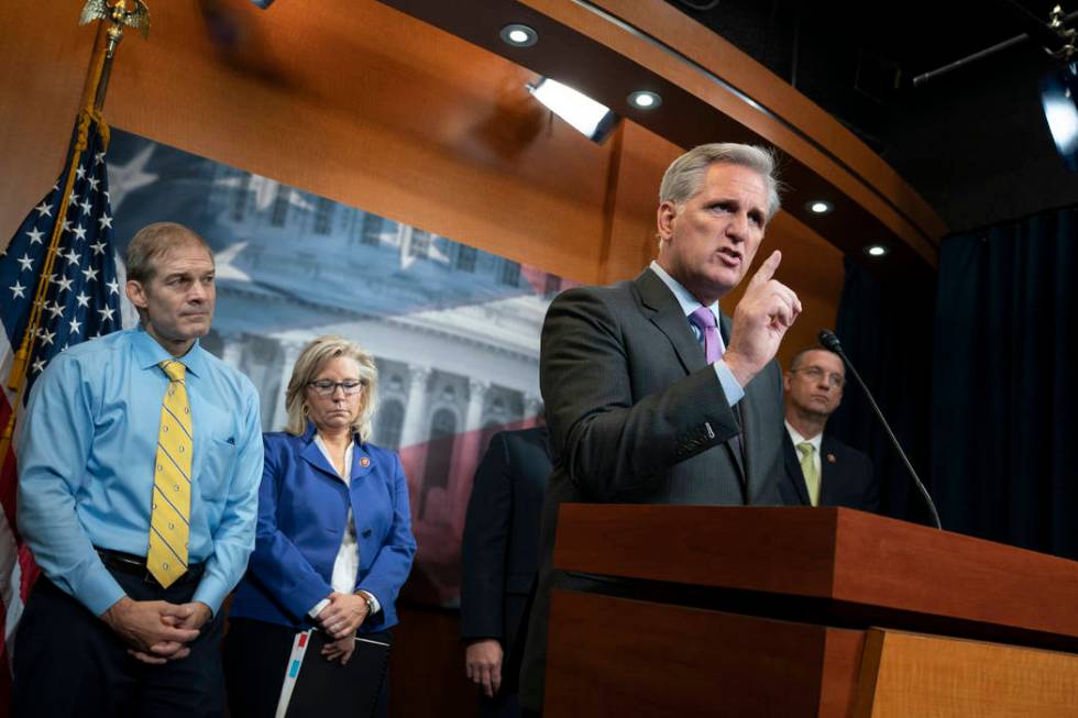 House Republican Leader Kevin McCarthy, D-Calif., joined from left by, Rep. Jim Jordan, R-Ohio, ...