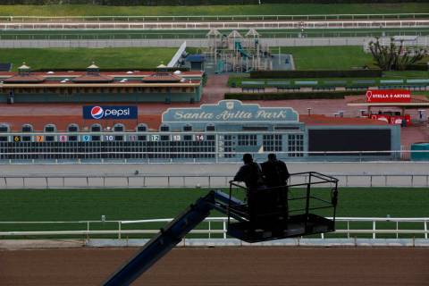 The home stretch and stands are empty at Santa Anita Park in Arcadia, Calif., Thursday, March 7 ...
