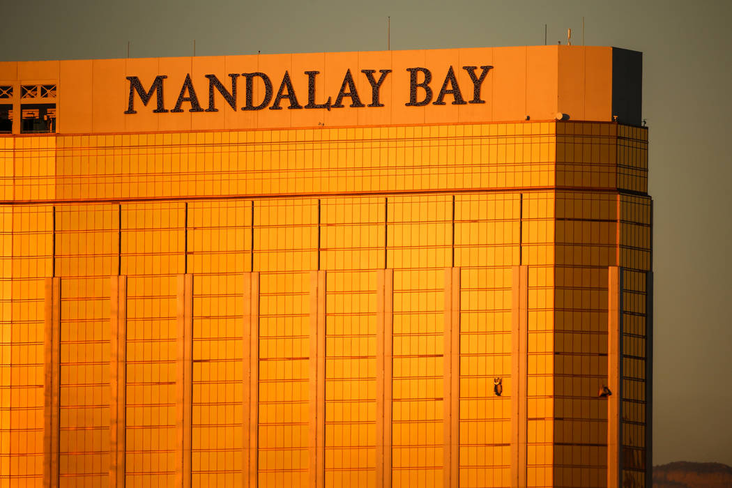 Broken windows at Mandalay Bay in Las Vegas on Oct. 2, 2017, after a shooting on the Strip left ...