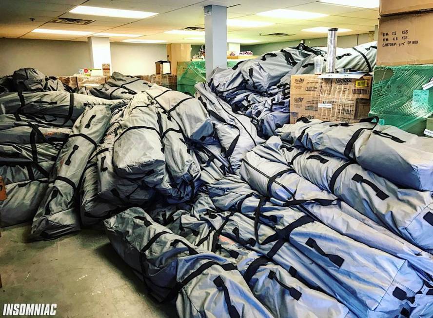 Hundreds of tents await shipping to the Bahamas. (Courtesy of Insomniac Events)