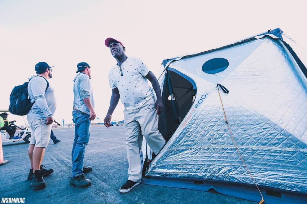 One of the tents is inspected after being erected in the Bahamas. (Courtesy of Insomniac Events)