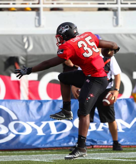 UNLV running back Xzaviar Campbell (35) jumps into the end zone during a football game against ...