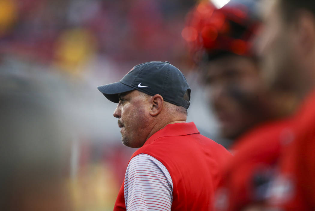 UNLV head coach Tony Sanchez looks on during a football game against Wyoming at Sam Boyd Stadiu ...