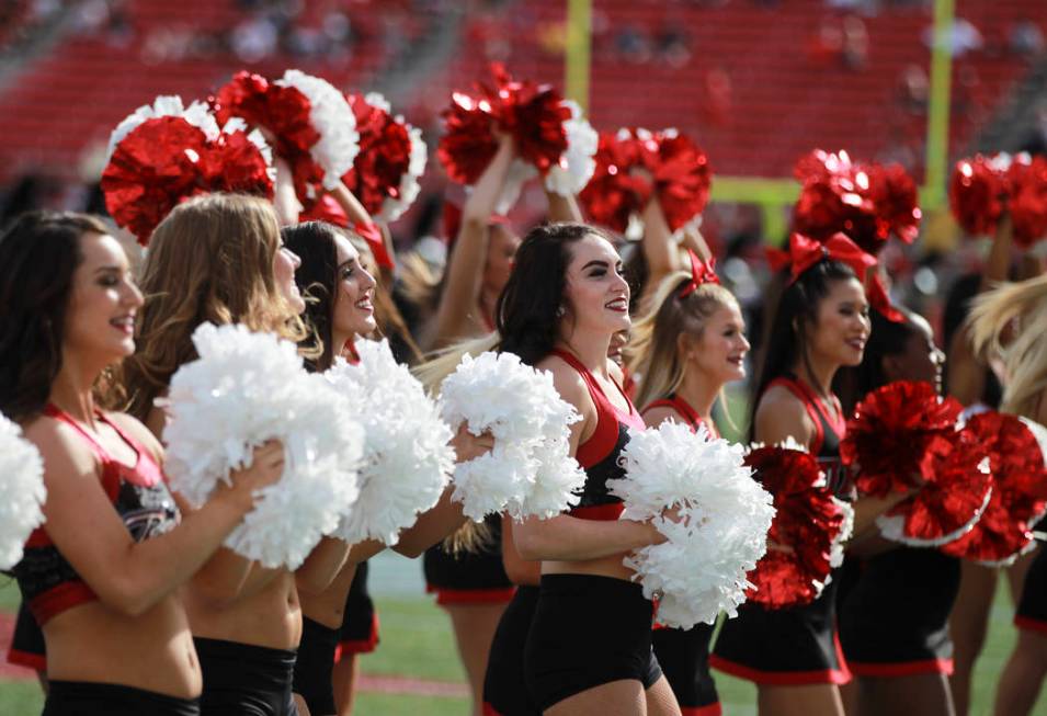 UNLV cheerleaders perform before a football game against Wyoming at Sam Boyd Stadium in Las Veg ...