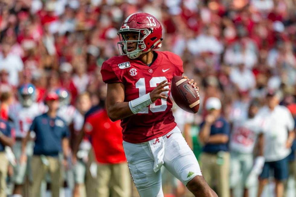 Alabama quarterback Tua Tagovailoa (13) looks to throw against Mississippi during the first hal ...