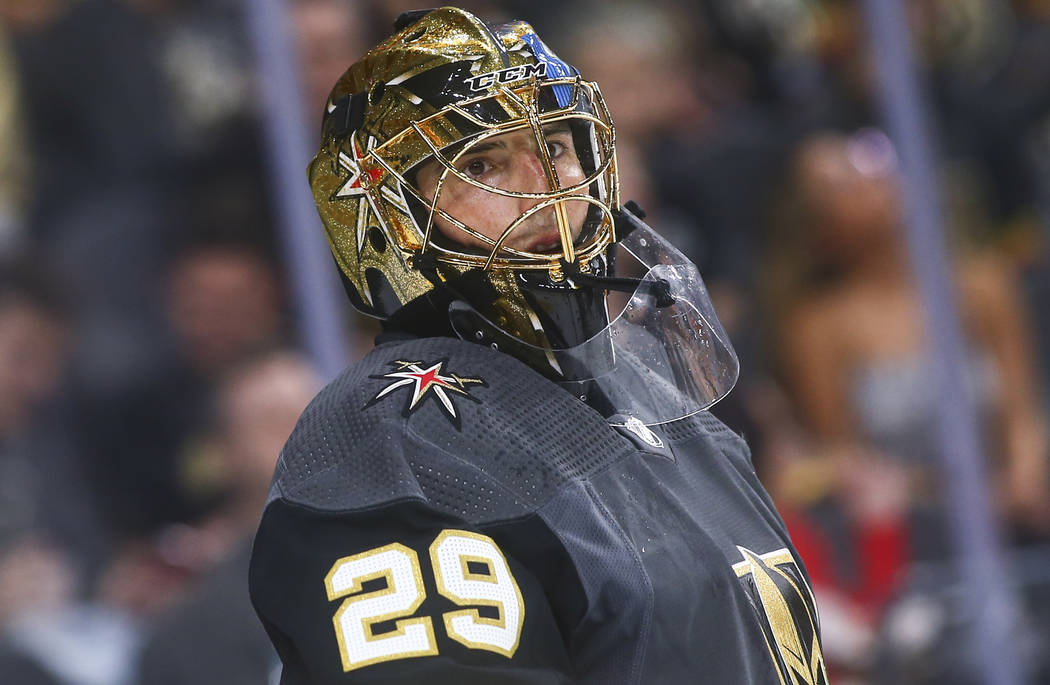 Golden Knights goaltender Marc-Andre Fleury (29) looks on during the second period of an NHL ho ...