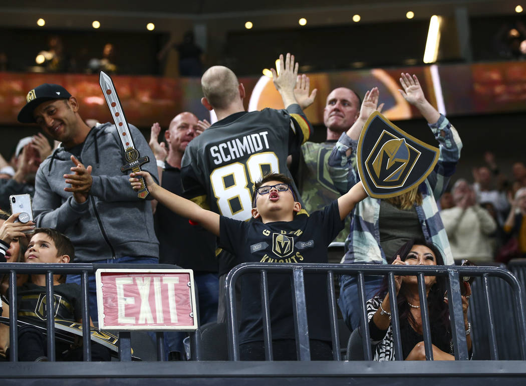 Golden Knights fans celebrate a goal by Golden Knights' Paul Stastny, not pictured, during the ...