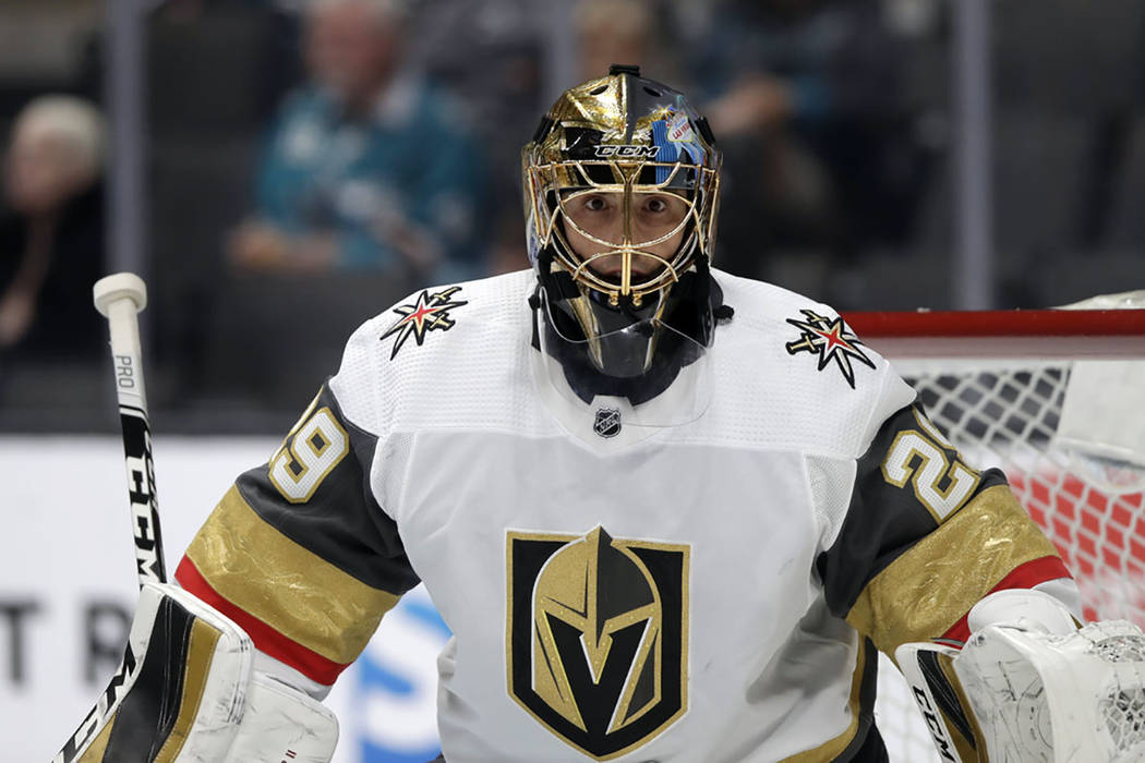 Vegas Golden Knights goaltender Marc-Andre Fleury (29) against the San Jose Sharks during an NH ...