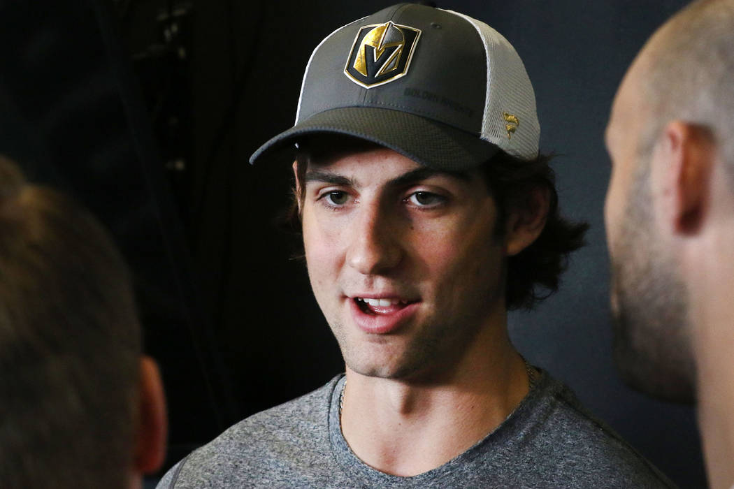 Golden Knights rookie defenseman Nicolas Hague speaks to the media at City National Arena on Th ...