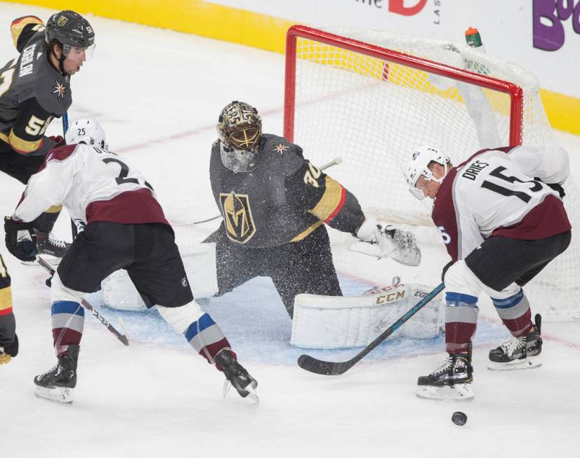 Vegas Golden Knights goaltender Malcolm Subban (30) makes a save against Colorado Avalanche rig ...