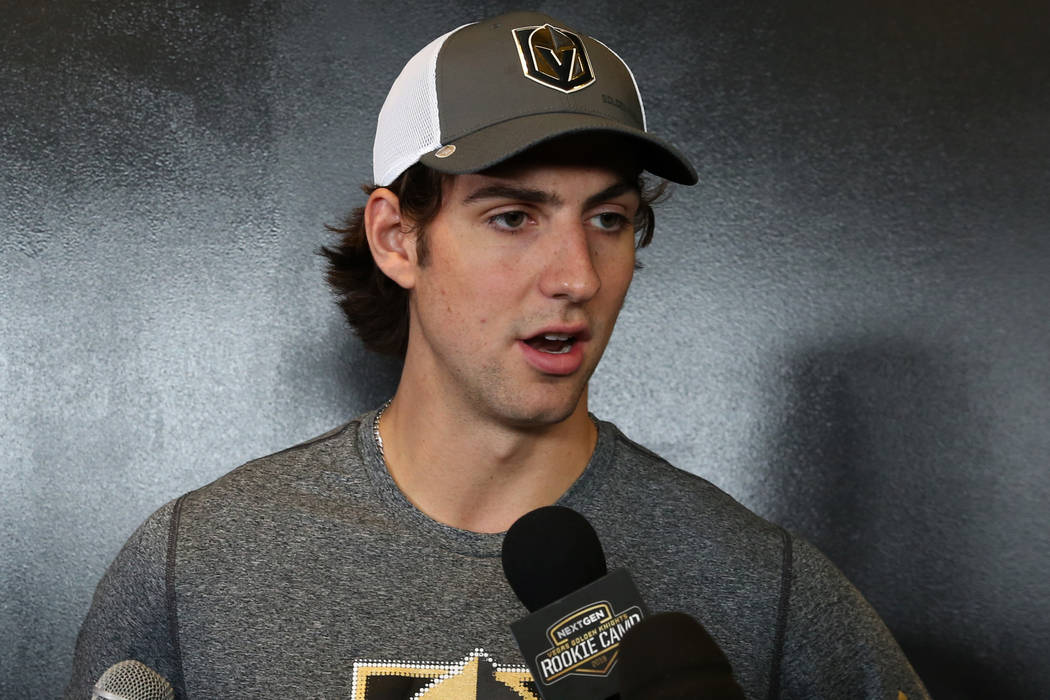Golden Knights rookie defenseman Nicolas Hague speaks to the media at City National Arena on Th ...