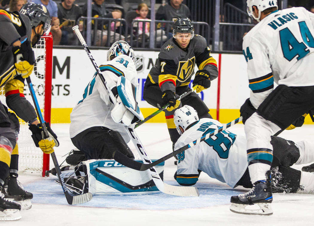 Vegas Golden Knights left wing Valentin Zykov (7) takes a shot on goal versus San Jose Sharks g ...