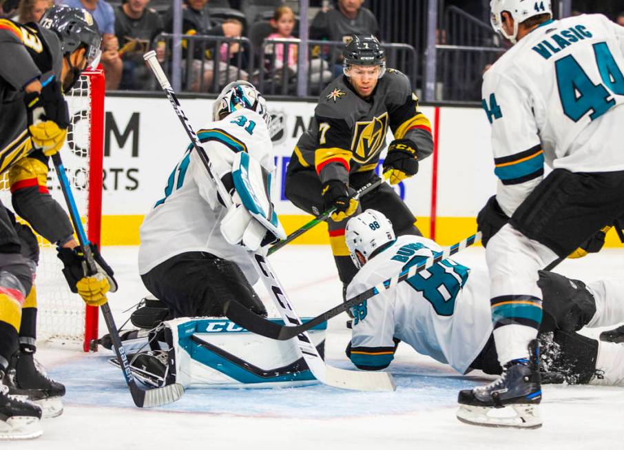 Vegas Golden Knights left wing Valentin Zykov (7) takes a shot on goal versus San Jose Sharks g ...