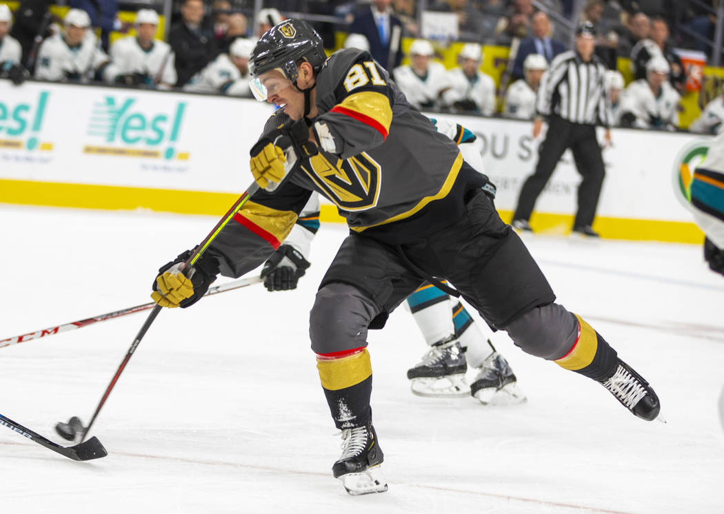 Vegas Golden Knights center Jonathan Marchessault (81) winds up for a shot versus San Jose Shar ...