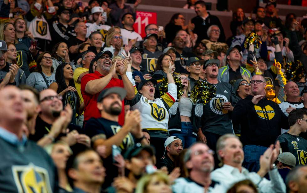 Vegas Golden Knights fans celebrate another goal over the San Jose Sharks during the second per ...