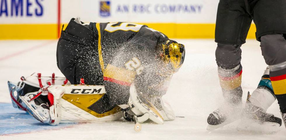 Vegas Golden Knights goaltender Marc-Andre Fleury (29) makes a save on the San Jose Sharks duri ...