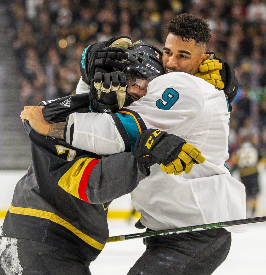 Vegas Golden Knights left wing Valentin Zykov (7) and San Jose Sharks left wing Evander Kane (9 ...