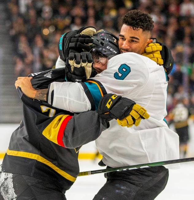 Vegas Golden Knights left wing Valentin Zykov (7) and San Jose Sharks left wing Evander Kane (9 ...