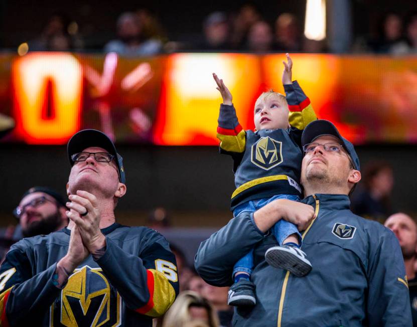 Vegas Golden Knights fans cheer after another goal versus the San Jose Sharks during the second ...