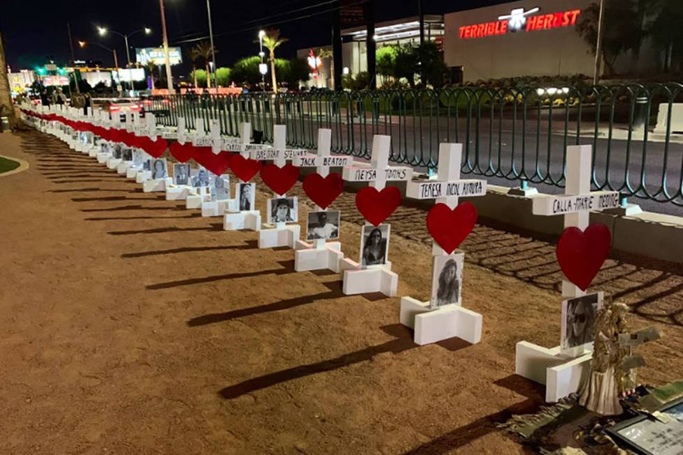 Greg Zanis on Monday, Sept. 30, 2019, was back on the Las Vegas Strip with 58 new crosses to ho ...