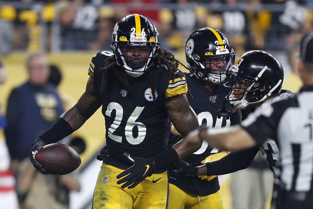 Pittsburgh Steelers inside linebacker Mark Barron (26) celebrates his interception in the end z ...