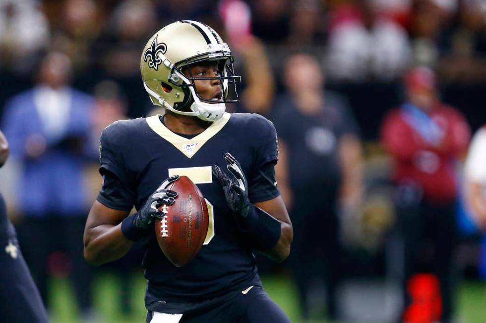 New Orleans Saints quarterback Teddy Bridgewater drops back to pass in the first half of an NFL ...