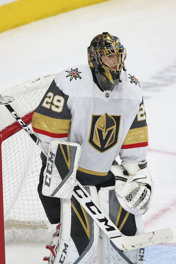 Vegas Golden Knights goaltender Marc-Andre Fleury (29) at his net against the San Jose Sharks d ...