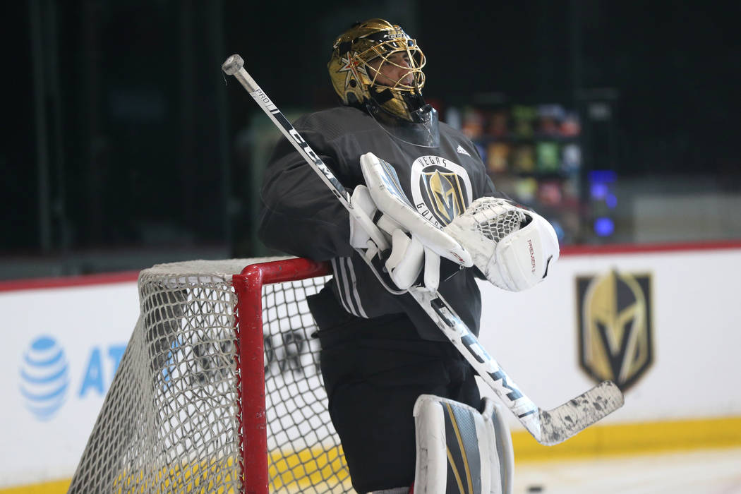 Vegas Golden Knights goaltender Marc-Andre Fleury (29) during a team practice at City National ...