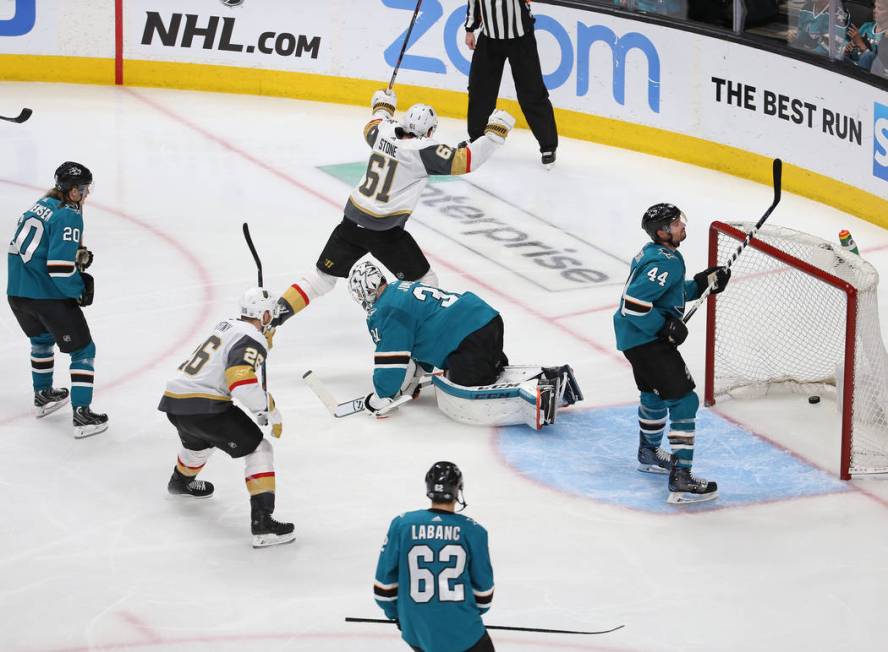 Knights left wing Max Pacioretty (67) scores against San Jose Sharks goaltender Martin Jones (3 ...