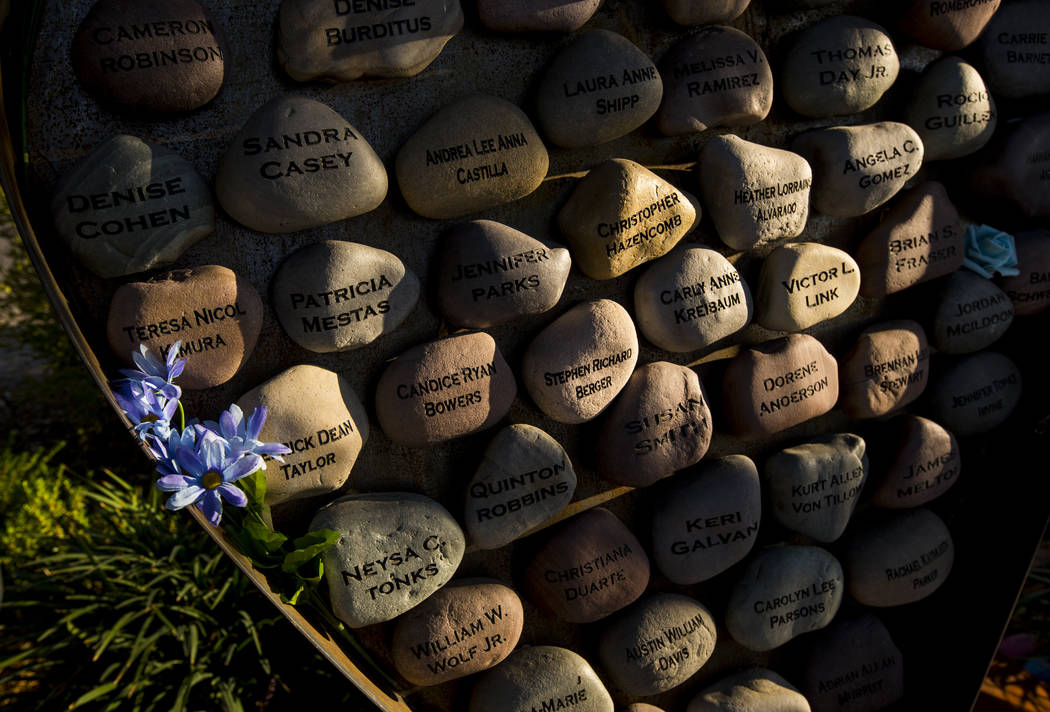 Stones inscribed with the names of the 58 Oct. 1 victims at the Las Vegas Healing Garden in Las ...