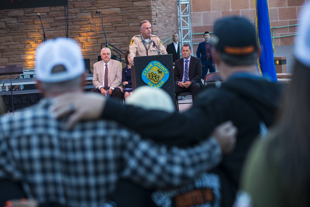 Clark County Sheriff Joe Lombardo speaks during a sunrise ceremony in remembrance of the 58 vic ...