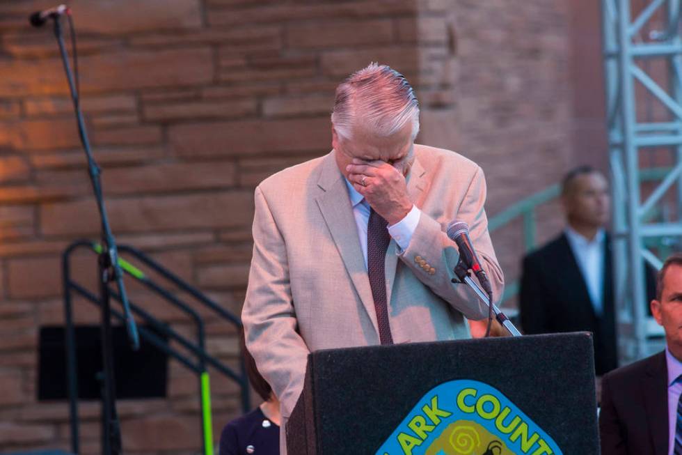 Gov. Steve Sisolak reacts while speaking during a sunrise ceremony at the Clark County Governme ...