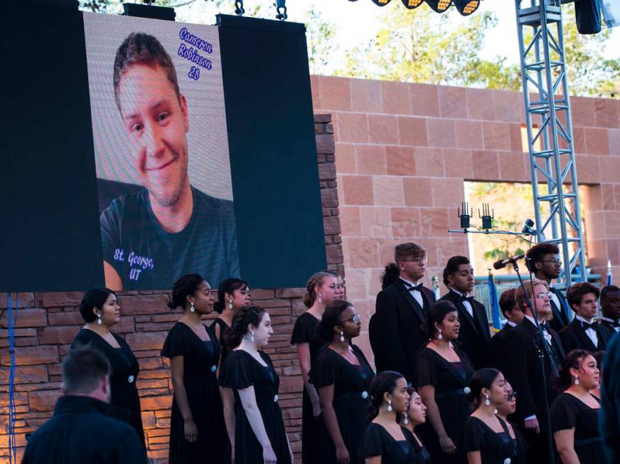 A photo of Route 91 Harvest festival shooting victim Cameron Robinson is displayed during a sun ...