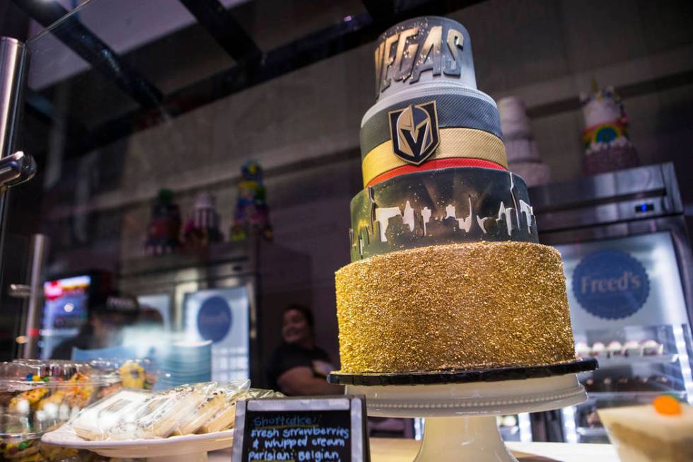 A cake on display at Freed's Bakery before the start of a Golden Knights NHL hockey game agains ...