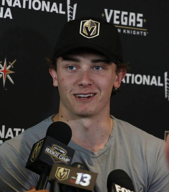 Golden Knights forward Cody Glass smiles as he speaks to the media at City National Arena on Th ...