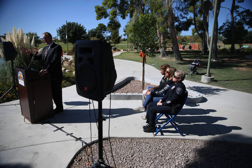 City of North Las Vegas Mayor John Lee, left, speaks during ceremony in remembrance of the 58 v ...