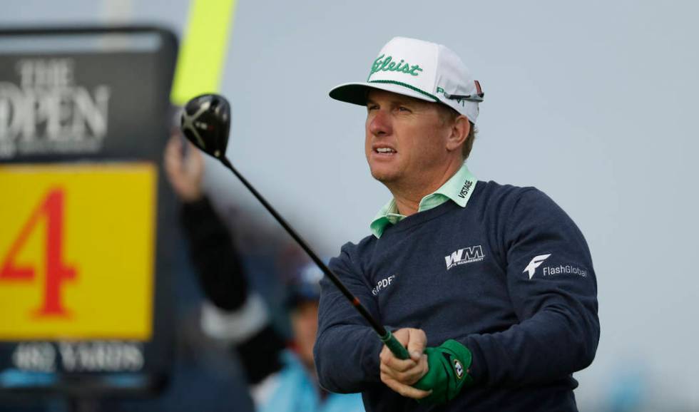 Charley Hoffman of the United States looks at his shot from the 4th tee during the first round ...