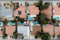 Aerial view of homes with swimming pools near Navarre Lane and Muchacha Drive in Henderson, Nev ...