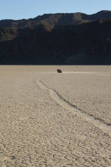 A trail left by a wandering boulder on Death Valley's Racetrack Playa. (Deborah Wall/Las Vegas ...