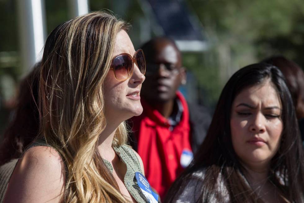 Emily Paulsen, executive director of the Nevada Homeless Alliance, addresses the media at a pro ...