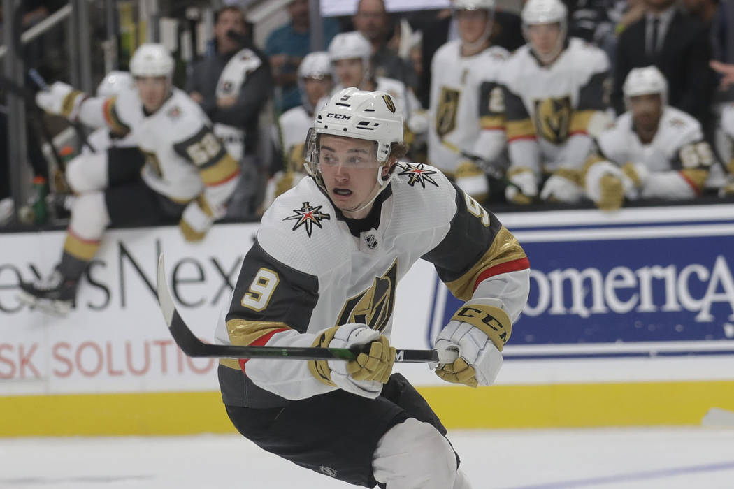 Vegas Golden Knights center Cody Glass (9) against the San Jose Sharks during an NHL preseason ...