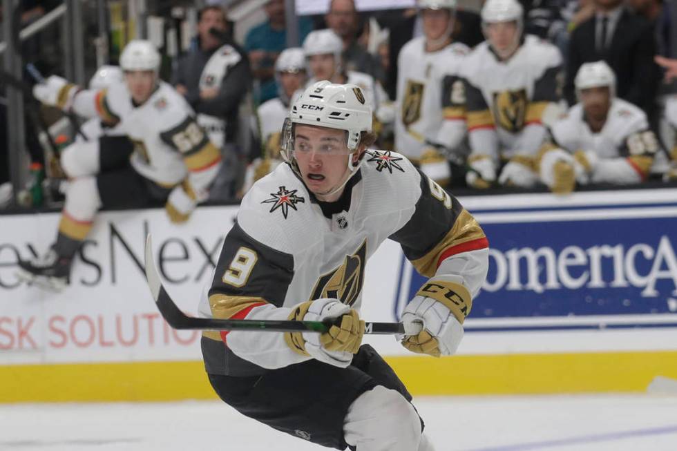 Vegas Golden Knights center Cody Glass (9) against the San Jose Sharks during an NHL preseason ...