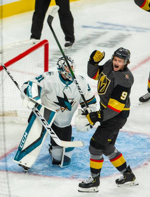 Vegas Golden Knights center Cody Glass (9) celebrates after a goal by Mark Stone during the fir ...